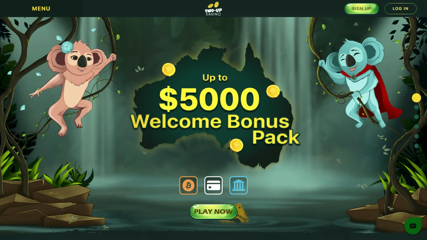 Two Up Casino home page on a desktop browser