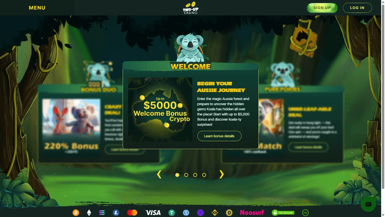 Two Up Casino promotions area on a desktop browser