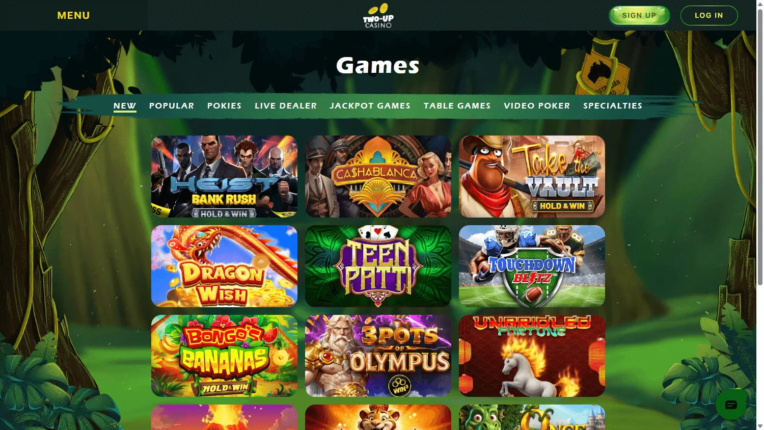 Two Up Casino games area on a desktop browser